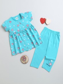 BUMZEE Turquoise Girls Cap Sleeves Cotton Frock & Legging Set