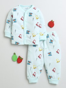 BUMZEE Aqua Blue Baby Boys Full Sleeves Cotton Jabla & Pyjama Set