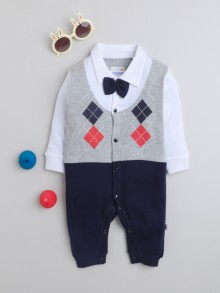 BUMZEE Grey & White Boys Full Sleeves Formal Trendy Sleepsuit