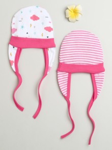 BUMZEE Pink & White Baby Girls Ear Flap Tying Cap Pack Of 2