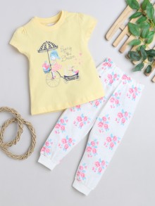 BUMZEE White & Yellow Girls Half Sleeves T-Shirt & Pyjama Set