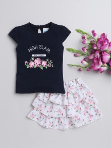 BUMZEE Navy & Pink Girls Cap Sleeves Top & Skirt Set