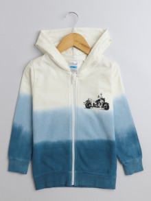 BUMZEE Blue & Off White Boys Full Sleeves Cotton Hooded Zipper Sweatshirt