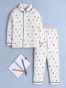 BUMZEE Beige Boys Full Sleeves Cotton Night Suit