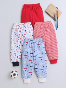 BUMZEE Red & Blue Full Length Boys Cotton Pyjamas Pack Of 4