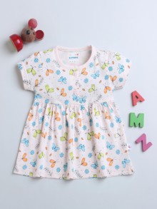 BUMZEE Peach Girls Half Sleeves Cotton Frock