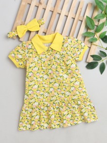 Bumzee Yellow Half Sleeve Cotton Floral Print Girls Frock With Headband