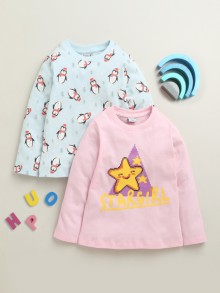 BUMZEE Baby Pink & Sky Blue Girls Full Sleeves Cotton T-Shirts Pack Of 2