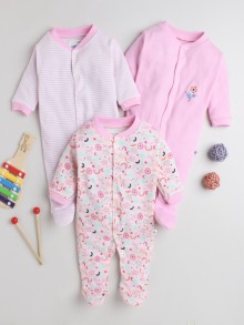 BUMZEE Baby Pink & White Baby Girls Full Sleeves Sleepsuit Pack Of 3