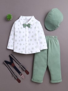 BUMZEE Green & White Boys Full Sleeves Shirt Pant Set With Suspender & Cap