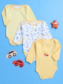 BUMZEE Yellow & White Baby Boys Full Sleeves Cotton Bodysuit - Onesies Pack Of 3