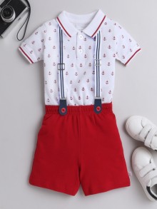 BUMZEE White & Red Boys Half Sleeves T-shirt & Short Set With Suspender