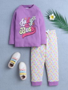 BUMZEE Lavender & Mutli Girls Full Sleeves T-Shirt & Pyjama Set