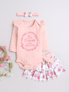 BUMZEE Peach & White Girls Full Sleeves Cotton Bodysuit & Skirt Set With Headband