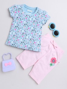 BUMZEE Powder Blue & Pink Girls Cap Sleeves T-Shirt & Capri Set