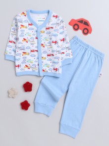 BUMZEE Light Blue & White Baby Boys Full Sleeves Jabla & Pyjama Set