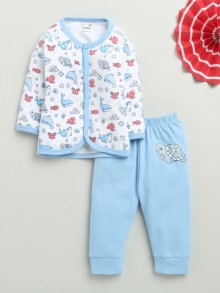 BUMZEE White & Blue Baby Boys Full Sleeves Jabla & Pyjama Set