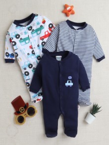 BUMZEE Navy & White Baby Boys Full Sleeves Sleepsuit Pack Of 3