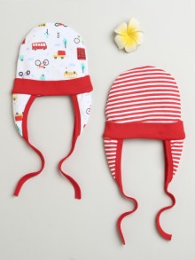 BUMZEE Red & White Baby Boys Ear Flap Tying Cap Pack Of 2