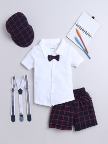 BUMZEE Navy & White Boys Half Sleeves Shirt & Short Set With Bow Suspender & Cap