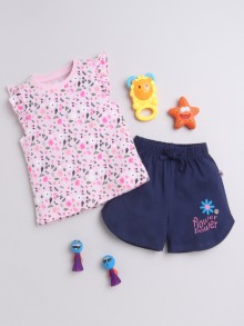BUMZEE Navy & Pink Girls Sleeveless T-Shirt & Short Set
