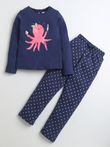 BUMZEE Dark Blue Girls Full Sleeves Cotton T-Shirt & Pyjama Set