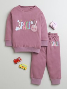 BUMZEE Mauve Girls Full Sleeves Cotton Sweatshirt & Jogger Set