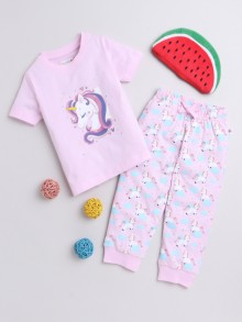 BUMZEE Lavender Girls Half Sleeves T-Shirt & Pyjama Set