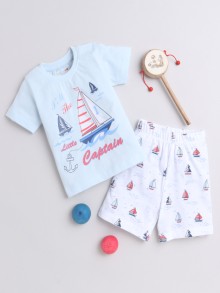 BUMZEE Sky Blue & White Boys Half Sleeves T-Shirt & Short Set