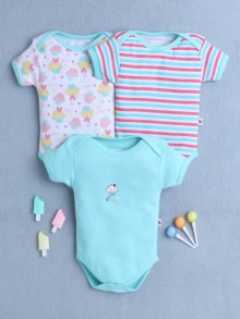 BUMZEE Mint Green & White Baby Girls Half Sleeves Cotton Bodysuit / Onesies Pack Of 3