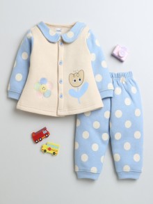 BUMZEE Beige & Blue Girls Full Sleeves Fleece Winter Wear Set