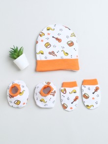 BUMZEE White & Orange Girls Cotton Cap Mitten Bootie Set