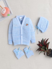 BUMZEE Blue Baby Boys Full Sleeves Acrylic Blend Sweater With Cap & Socks