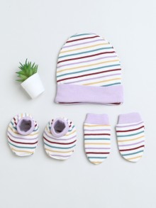 BUMZEE White & Lavender Girls Cotton Cap Mitten Bootie Set