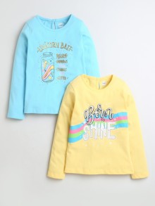 BUMZEE Blue & Yellow Girls Full Sleeves T-Shirts Pack Of 2