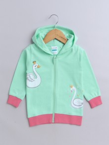 BUMZEE Green & Pink Girls  Full Sleeves Cotton Hooded Zipper Sweatshirt