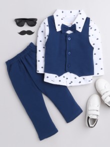 BUMZEE Navy & White Boys Full Sleeves Shirt Waistcoat & Pant Set With Applique Bow