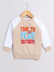 BUMZEE Beige & White Boys Full Sleeves Cotton Sweatshirt