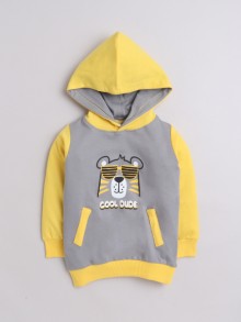 BUMZEE Grey & Yellow Boys Full Sleeves Cotton Hooded Sweatshirt