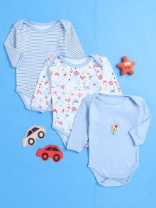 BUMZEE Sky Blue & White Baby Girls Full Sleeves Cotton Bodysuit - Onesies Pack Of 3