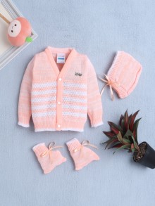 BUMZEE Peach Baby Girls Full Sleeves Acrylic Blend Sweater With Cap & Socks