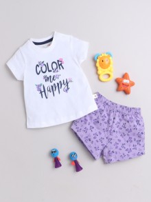 BUMZEE White & Lavender Girls Half Sleeves T-Shirt & Short Set