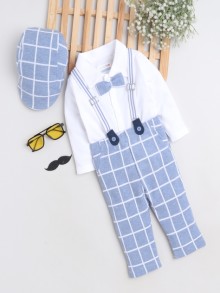 BUMZEE Sky Blue & White Boys Full Sleeves Shirt Pant Set With Suspender & Cap