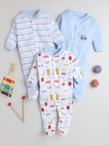 BUMZEE Sky Blue & White Baby Boys Full Sleeves Sleepsuit Pack Of 3