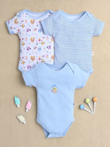 BUMZEE Sky Blue & White Baby Girls Half Sleeves Cotton Bodysuit / Onesies Pack Of 3