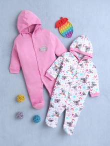 BUMZEE Pink & White Baby Girls Full Sleeves Sleepsuit With Hood Pack Of 2