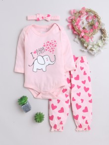 BUMZEE Pink Girls Full Sleeves Cotton Bodysuit & Jogger Set With Headband