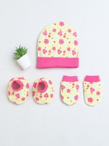 BUMZEE Yellow & Pink Girls Cotton Cap Mitten Bootie Set