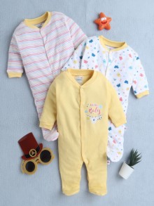 BUMZEE Yellow & Multi Baby Girls Full Sleeves Sleepsuit Pack Of 3