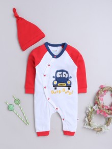 BUMZEE Red & White Boys Full Sleeves Fashion Trendy Sleepsuit With Cap